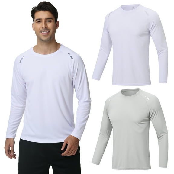 Taigaofy Men's 2 Pack Athletic Shirts Mesh Rash Guard Quick Dry Lightweight Long Sleeve White Gray M