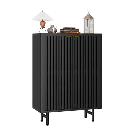 6-Tier Shoe Cabinet with Louver Doors Wooden Shoe Storage Organizer Farmhouse Entryway Furniture Black