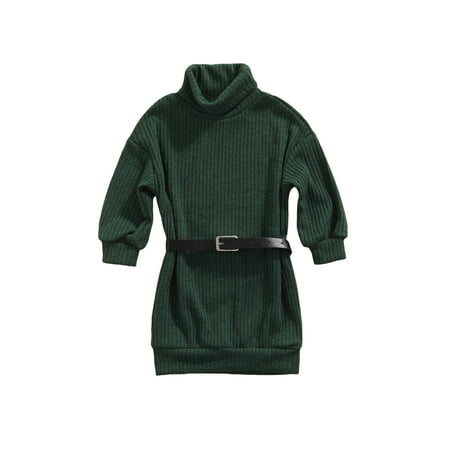 

Toddler Baby Girl Knitted Turtleneck Sweater Dress Long Sleeve Pullover Top+ Leather Belt Outfits