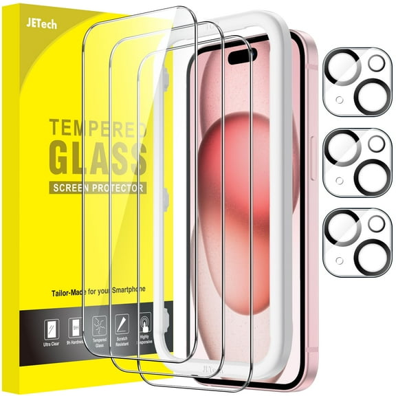 JETech Screen Protector for iPhone 15 6.1-Inch with Camera Lens Protector, Bubble Free, Easy Installation Tool, Tempered Glass Film, HD Clear, 3-Pack Each