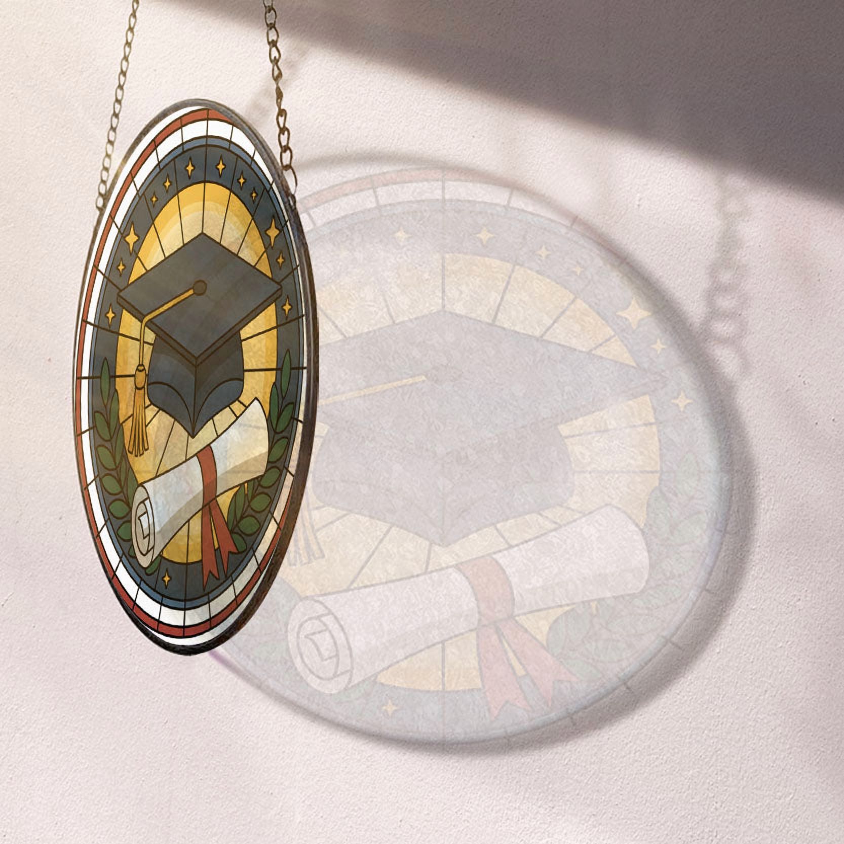 Graduation Cap & Diploma Stained Glass Suncatcher Window Hanging – Holiday Window Hanging Gift for Family, Friends, Men or Women, Christmas 2025 Tree Keepsake