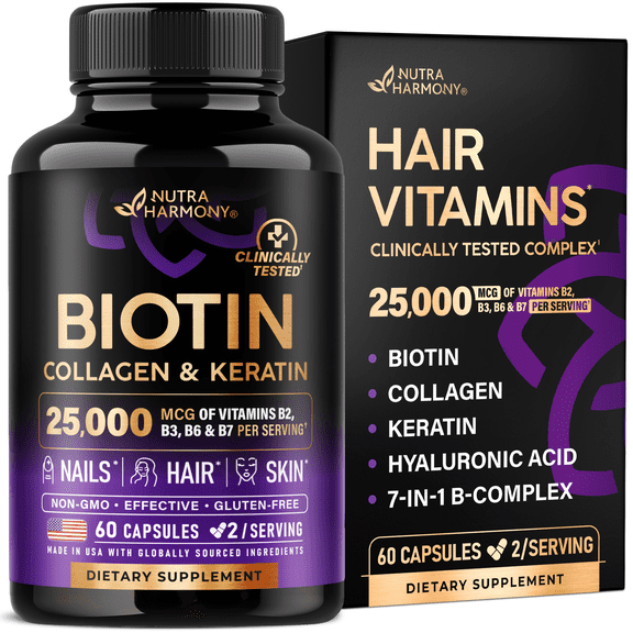 Biotin | Collagen | Keratin - Clinically Tested Supplement - Hair Growth Support, Skin & Nails - 25000 mcg Vitamins B2, B3, B6 & B7   B1 & Hyaluronic Acid - Made in USA - Women & Men | 60 Capsules