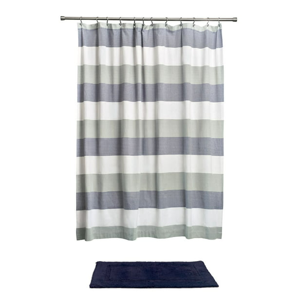 Navy Sage Wide Multi Stripe Fabric, Blue And Green Striped Shower Curtain