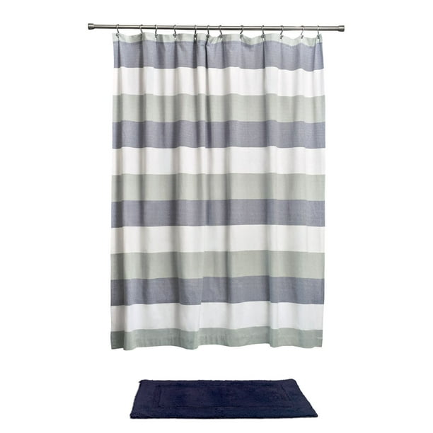 Navy Sage Wide Multi Stripe Fabric Shower Curtain 72 X Idesign Com Navy Sage Wide Multi Stripe Fabric, Navy Stripe Shower Curtain