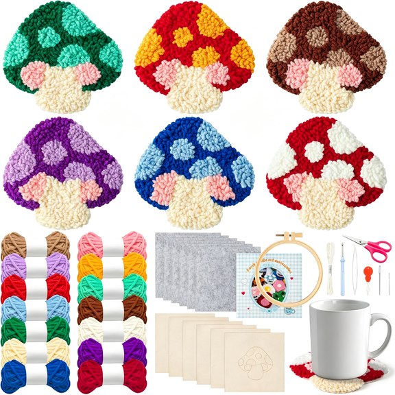 BESTSKY Punch Needle Coaster Kit - 22Pcs Easy Art Work Decor Coasters Kits for Beginners Diy Mushroom Pattern Tufted Rug Pads with Adhesive Felt Yarns Embroidery Hoop Instruction 6 Set