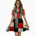 thumbnail image 2 of Geometric Abstract Art Red Black Grey Red Women Dress V-Neck Short Sleeve Flowy Swing Party Midi Dress, 2 of 4