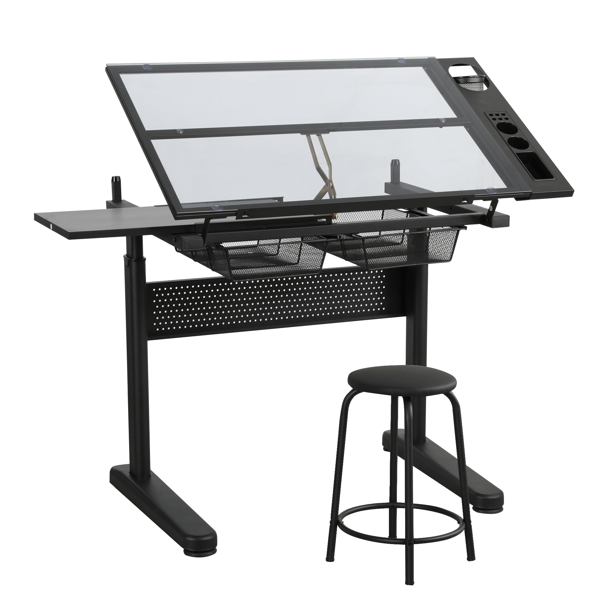 Hand Crank Adjustable Drafting Table Drawing Desk With 2 Metal Drawers, With Stool