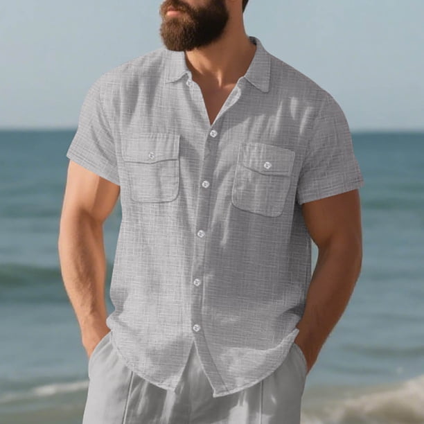 Ceisia Men's Relaxed Fit Short Sleeve Turndown Collar Slub Linen Shirt with Dual Chest Pockets Gray XXL Gifts