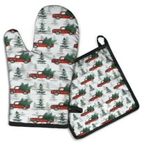 Red Christmas Truck and Tree Pattern Kitchen Oven Mitt and Pot Holder Sets 2 Pcs for Baking, Cooking and Grilling, Heat Resistant Up To 392 °F