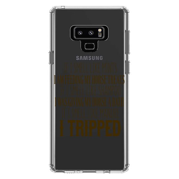 DistinctInk Clear Shockproof Hybrid Case for Samsung Galaxy Note 9 - TPU Bumper Acrylic Back Tempered Glass Screen Protector - Smell Like Horse Treats, Shampoo, Manure