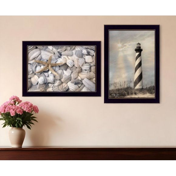 Set Of Two Cape Hatteras Lighthouse and Sea Shells 1 Black Framed Print Wall Art