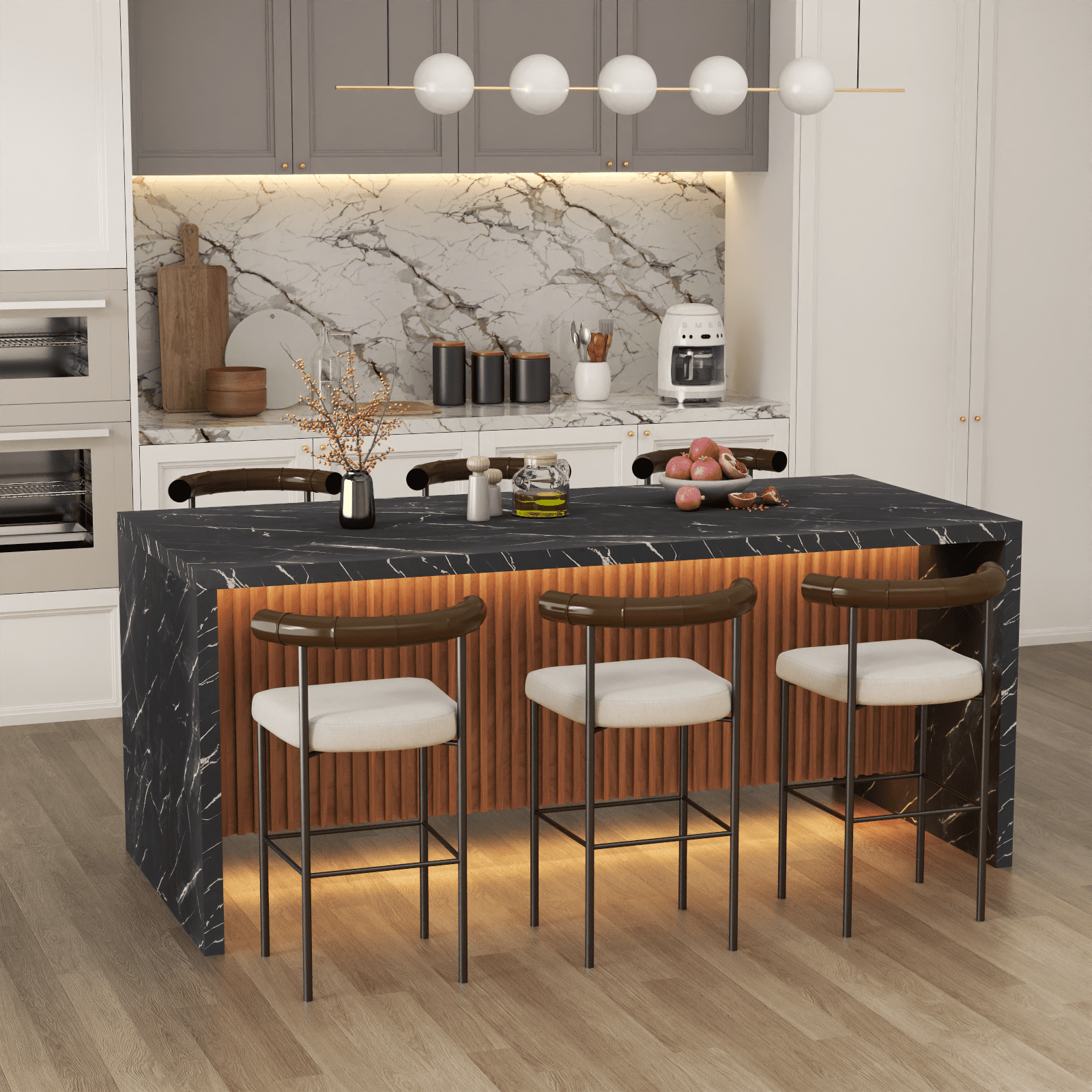 71" Modern Black Marble Dining Table with LED Lights, Rectangular Faux Marble Kitchen Table for 4-6 People, Large Island Table with Striped Grille Base for Dining Room, Home, or Living Room
