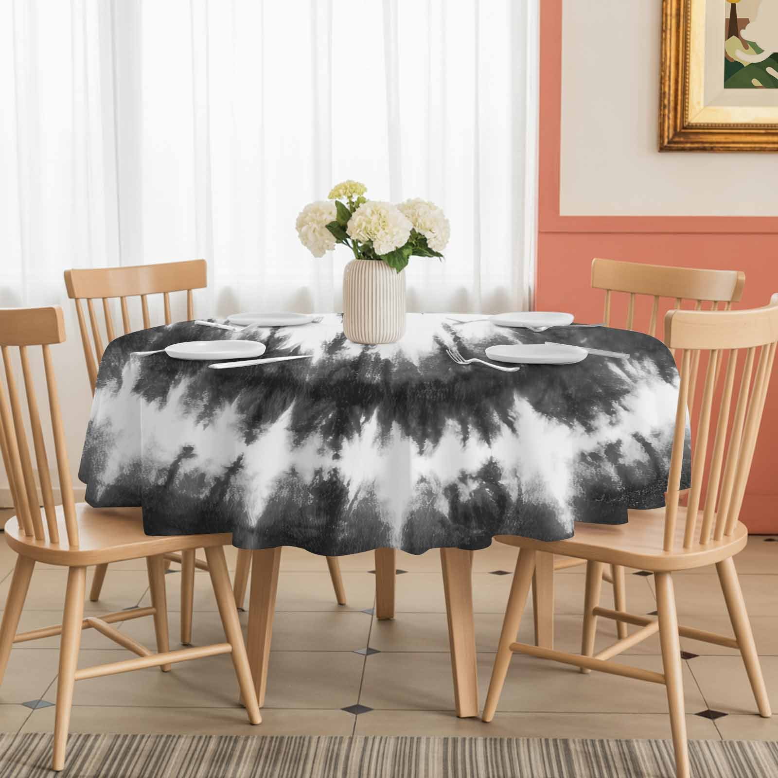 Round Tablecloth Abstract Explosion Tie Dye Waterproof Oil Proof Polyester Table Cloth Cover Decor for Home Dining Outdoor,Patio,Parties, 60" Dia. Black White