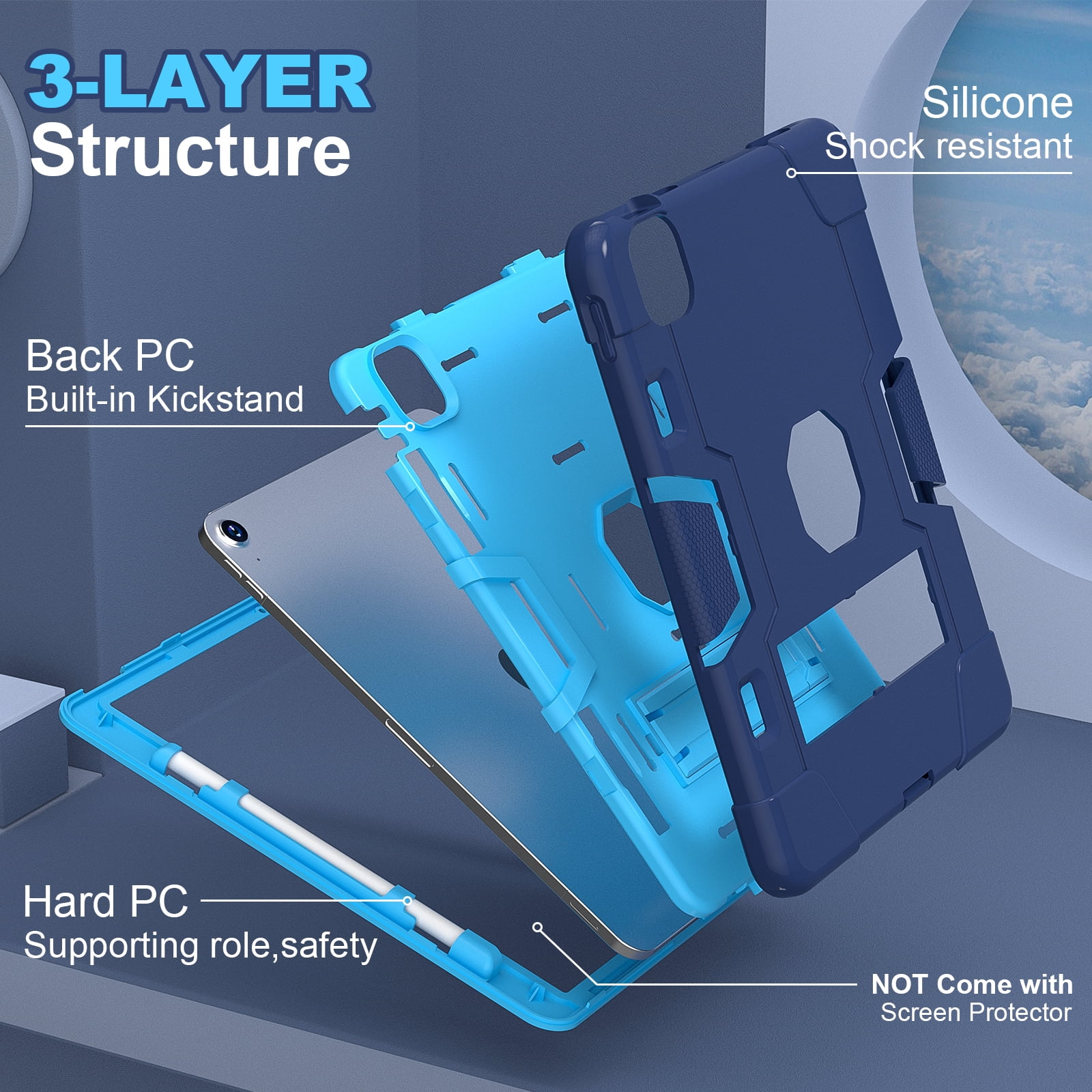 ELEHOLD for iPad Air 11 Inch Case 2024 Release, iPad Air 11 (M2) Case with Pencil Holder and Kickstand, Heavy Duty Shockproof Protective Cover,Navyblue