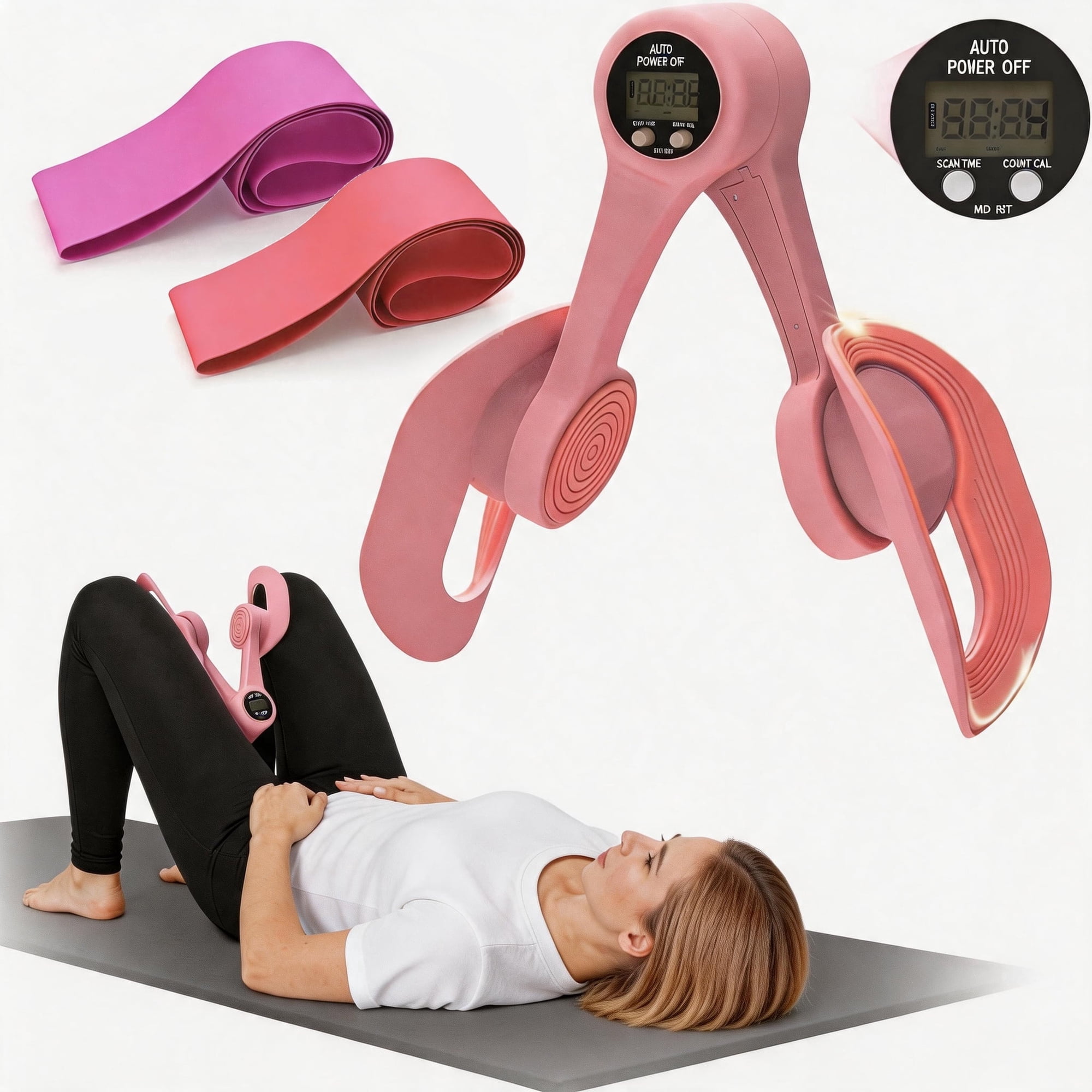 jQMUHLC Thigh Trainer, 360° Adjustable Pelvic Floor Muscle Trainer with LED Display, Inner Thigh Exerciser with 2 Resistance Bands
