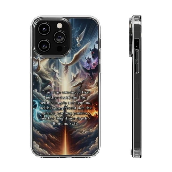 DistinctInk Hybrid (Acrylic / TPU) Clear Slim Fit Case for Apple iPhone 15 Pro (6.1" Screen) - "Immutable Faith: Romans 8:38 - Conquering Death, Life, and Beyond"