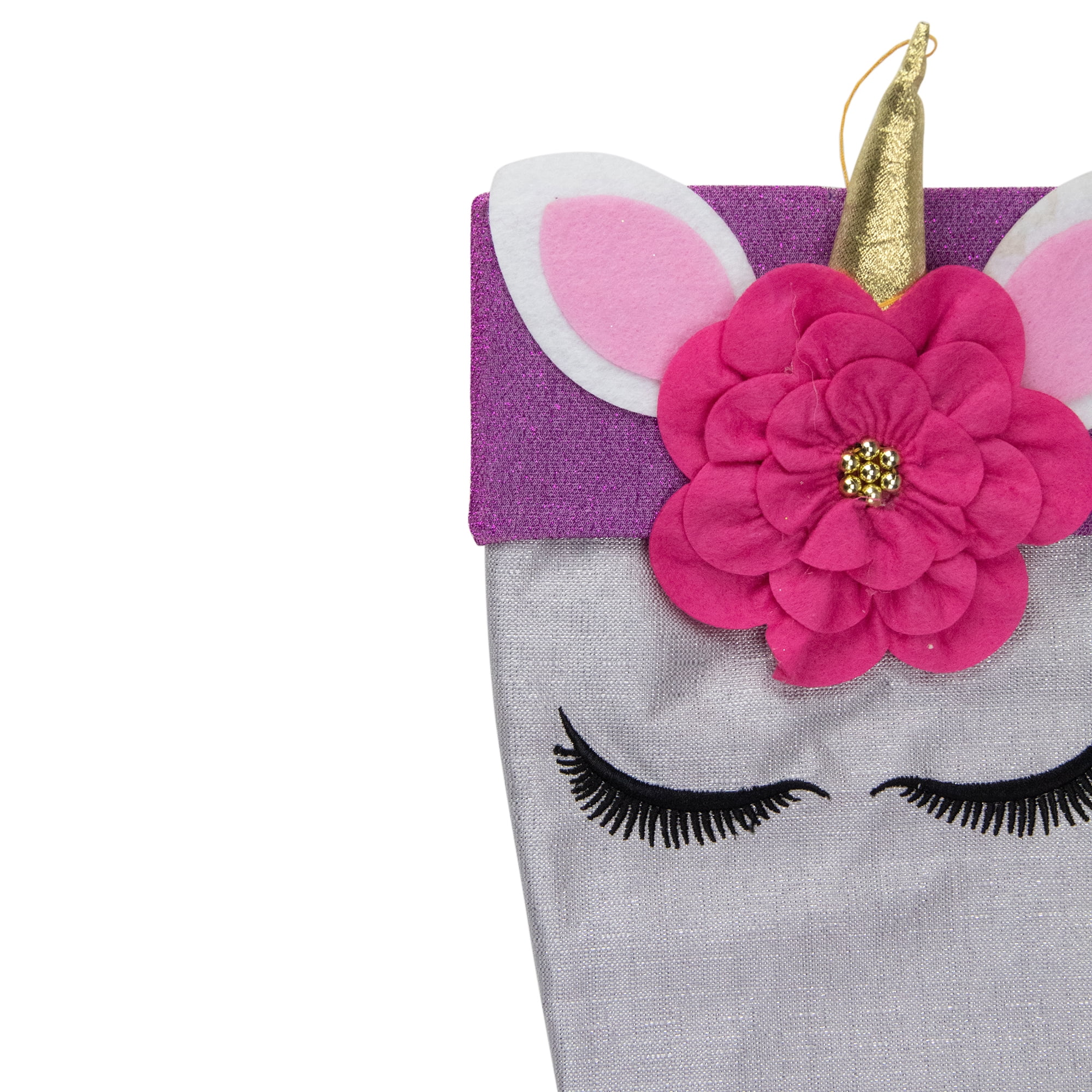 20" Gray Unicorn Face Christmas Stocking with Purple Bow and Cuff