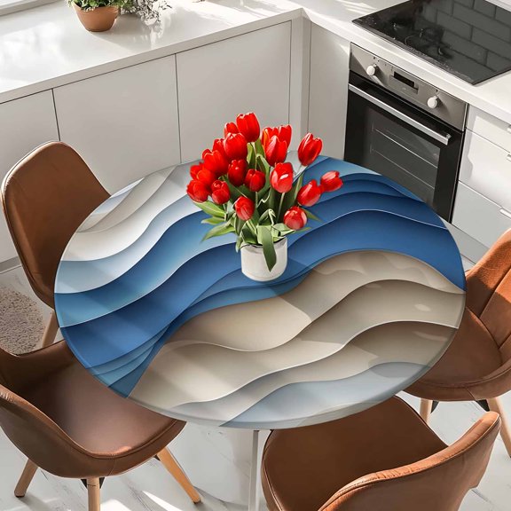 Ombre Blue Elastic Fitted Round Tablecloth Ocean Summer Waterproof Outdoor Table Cover for Holiday Party, Picnic, Patio & Dining Fits Tables Up to 36"-44"