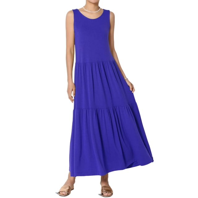 TheMoogan Robe Longue Midi Sans Manches d'Été pour Femmes Grande Taille, Col Rond, Jersey à Volants, Coupe Décontractée