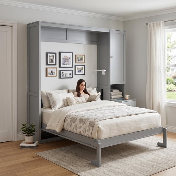 Homy Casa Full Size Murphy Bed, Wall Bed with Sturdy Wood Slats, Space-Saving Design, Gray, Easy Assembly, Ideal for Multi-Functional Rooms