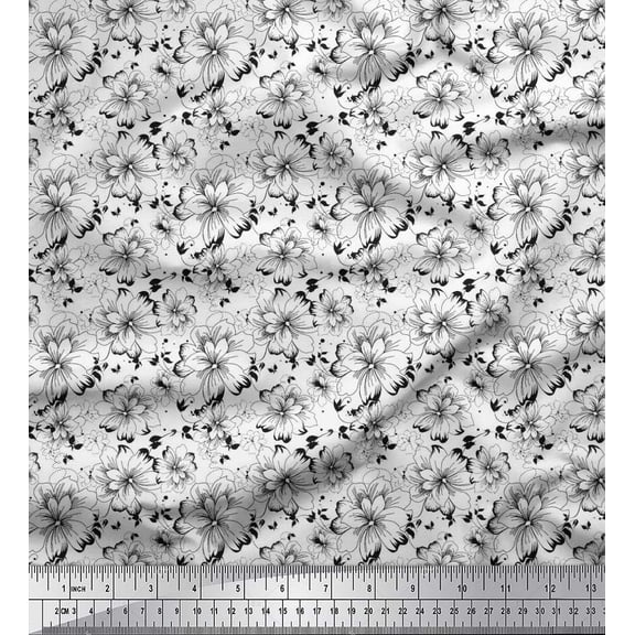 Soimoi Cotton Duck Fabric Dot,Leaves & Floral Artistic Printed Fabric 1 Yard 42 Inch Wide