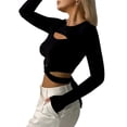 thumbnail image 3 of Womens Cutout Tops Basic Long Sleeve Round Neck Slim Fit T-Shirts Black S, 3 of 9