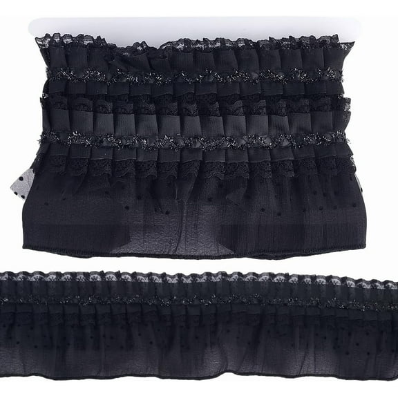 2.2 Yards x 3.85 inch Ruffle Lace Trim 2 Layer Pleated Fabric Gathered Embroidered Sewing Lace Applique Edge Trimmings for Curtains Wedding Dress Costume Pillowcase Embellishments Black Black
