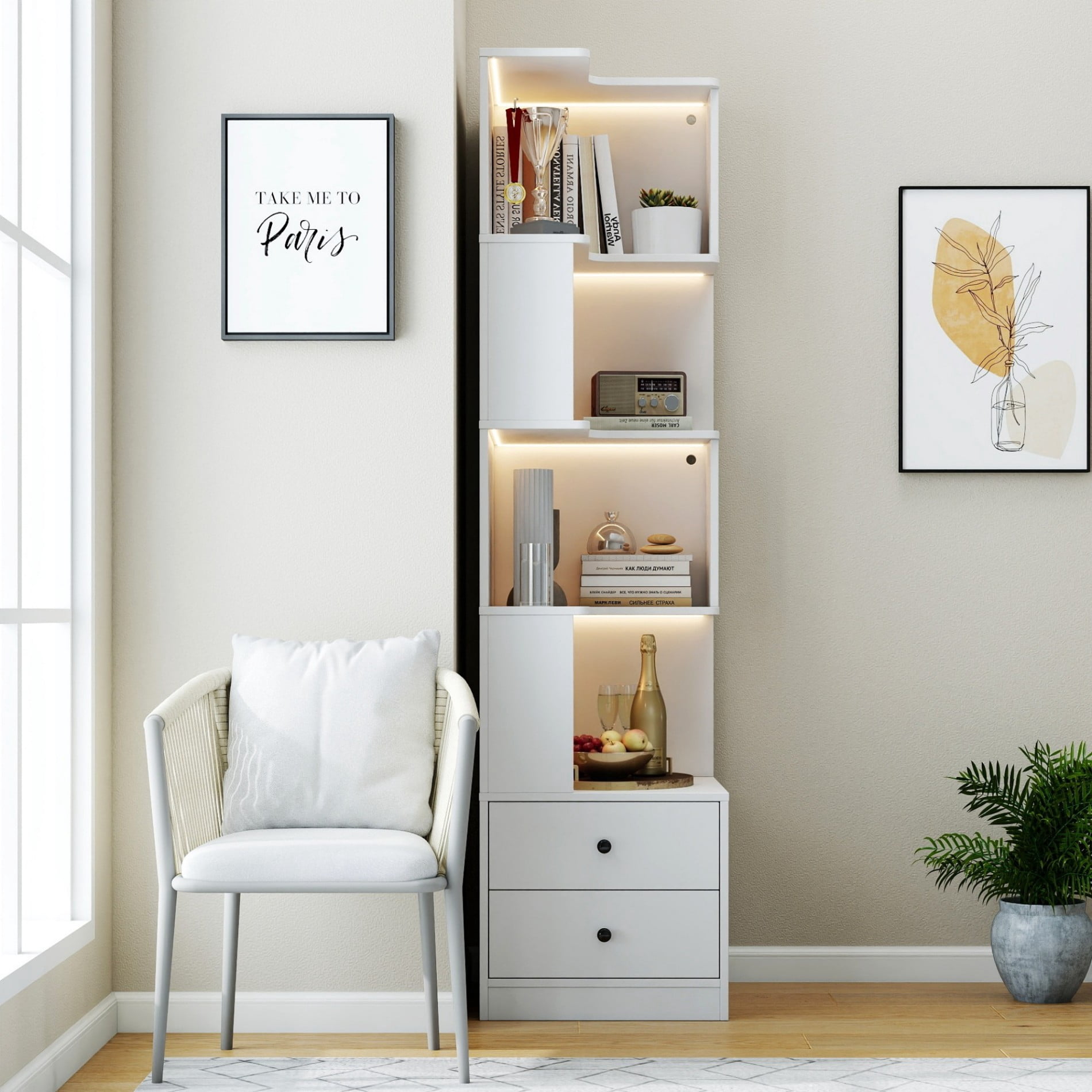 Corner Bookshelf with Drawers, 4 Tier L Shaped Corner Shelf with LED Lights, Small Space Corner Bookcase Storage Organizer for Living Room Bedroom Office, White