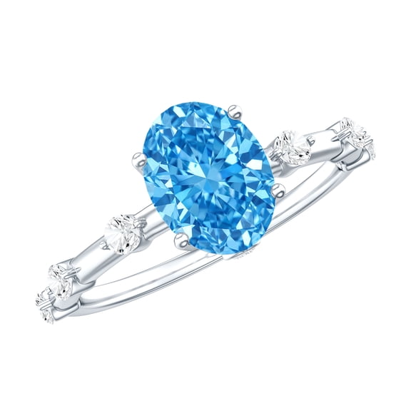Rosec Jewels IGI Certified Lab Grown Blue Diamond 1 Carat Engagement Ring with Spaced Accent (VS1 Grade) - Oval Diamond Ring, 925 Sterling Silver, US 4.00