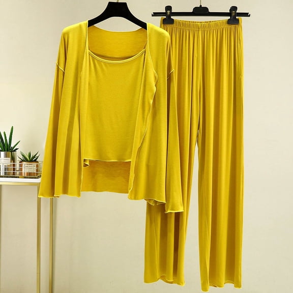 Xdegoge 3-Pack Lounge Set for Women Wide Leg Pants with Cardigan and Cami Elastic Waist Soft Stretchy Breathable Sleepwear Pajamas Casual Outfits