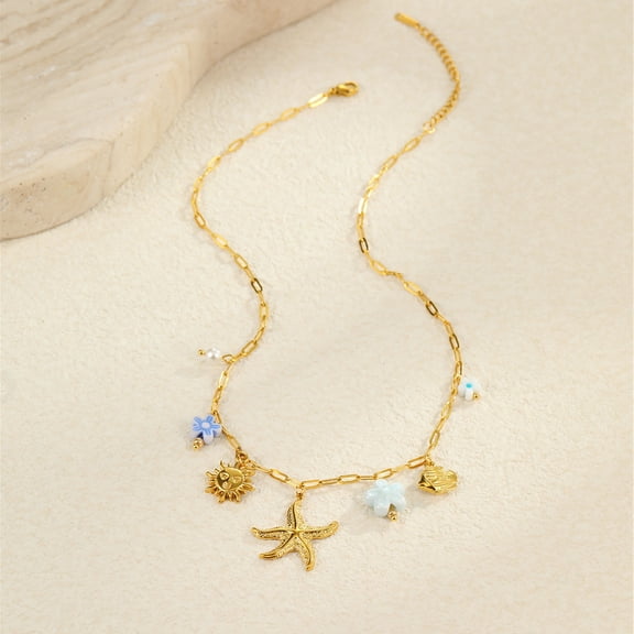 NICKSUN 18K Gold Plated Stainless Steel Ocean Beach Charm Necklace, Dopamine Colorful Enamel Starfish Seashell Daisy Pendant Necklace, Summer Vacation Boho Coastal Clavicle Jewelry for Women