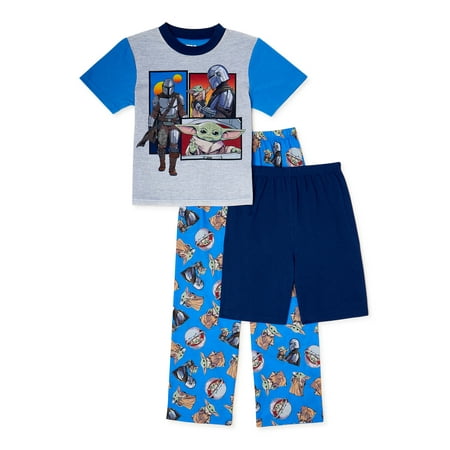 The Mandalorian Star Wars Baby Yoda Classic Boys Short Sleeve Top, Pants, and Shorts 3-Piece Pajama Sleep Set, Sizes 6-12