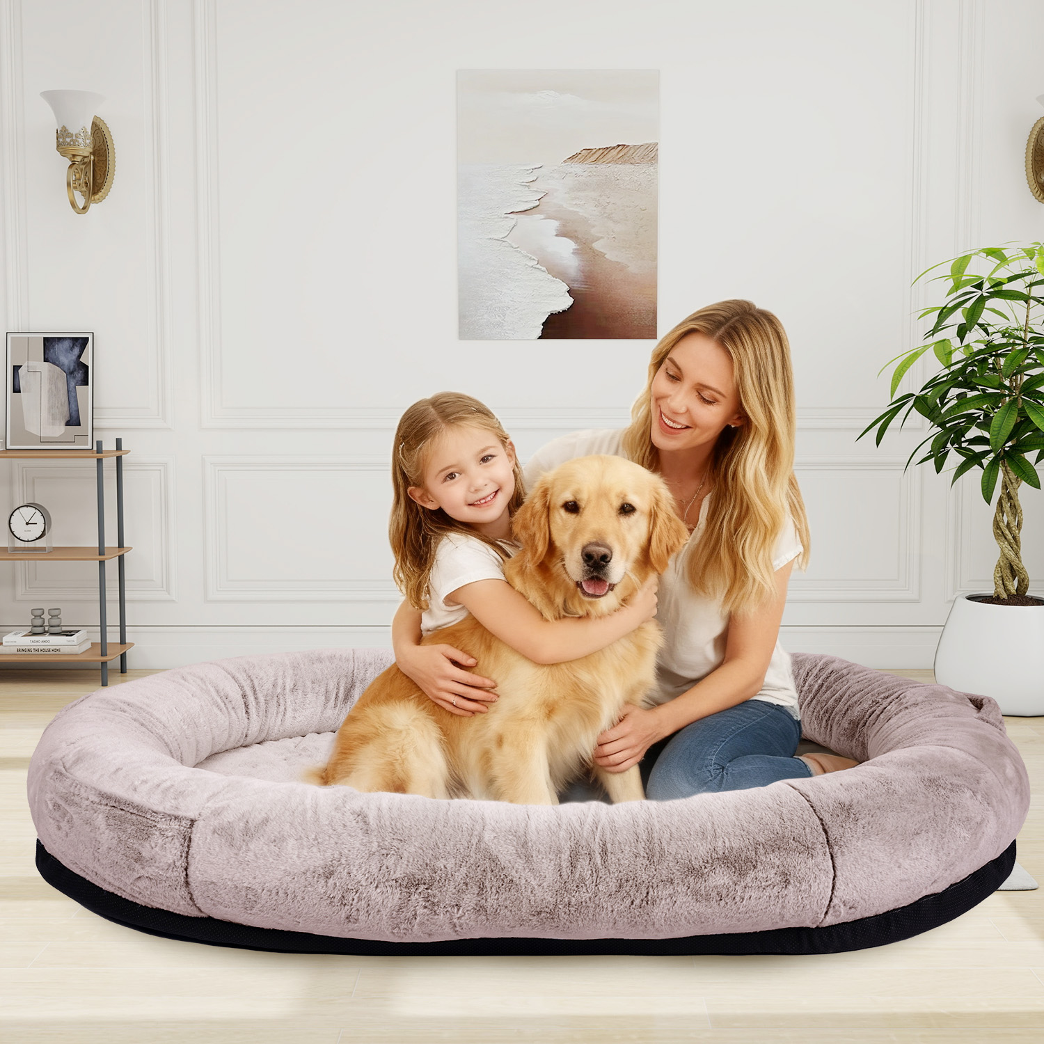Hidpriva Human Dog Bed for Adults, 71" Extra Large Human-Sized Dog Bed, Washable Faux Fur with Blanket and Pillow, Camel