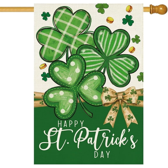 St Patricks Day House Flag 28 X 40 Inch, Shamrocks Clover Bow Double Sided Burlap Welcome Large Yard Flag Holiday Lawn Proch Outdoor Outside Decor
