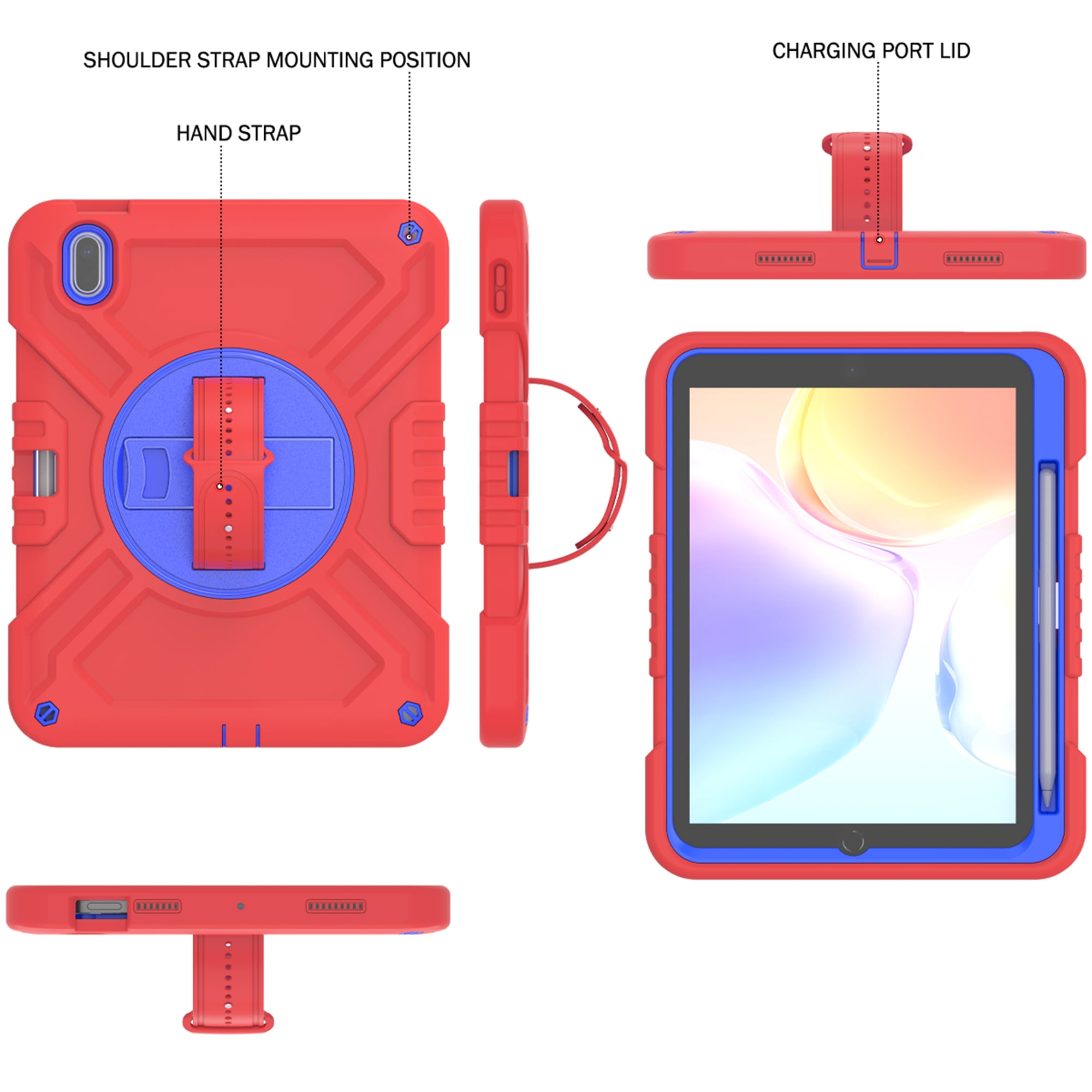 Dteck Kids Case for iPad 10th Generation Case 2022, Military Grade Shockproof Rugged Cover for iPad 10th Gen 10.9 Inch with 360° Swivel Stand - Handle - Shoulder Strap - Pencil Holder,Red Blue