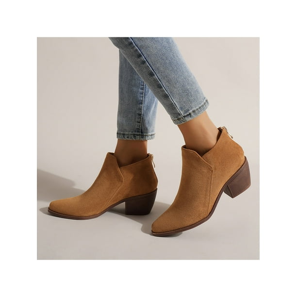 Woobling Ladies Stacked Heel Boot Pointed Toe Heeled Boots Casual