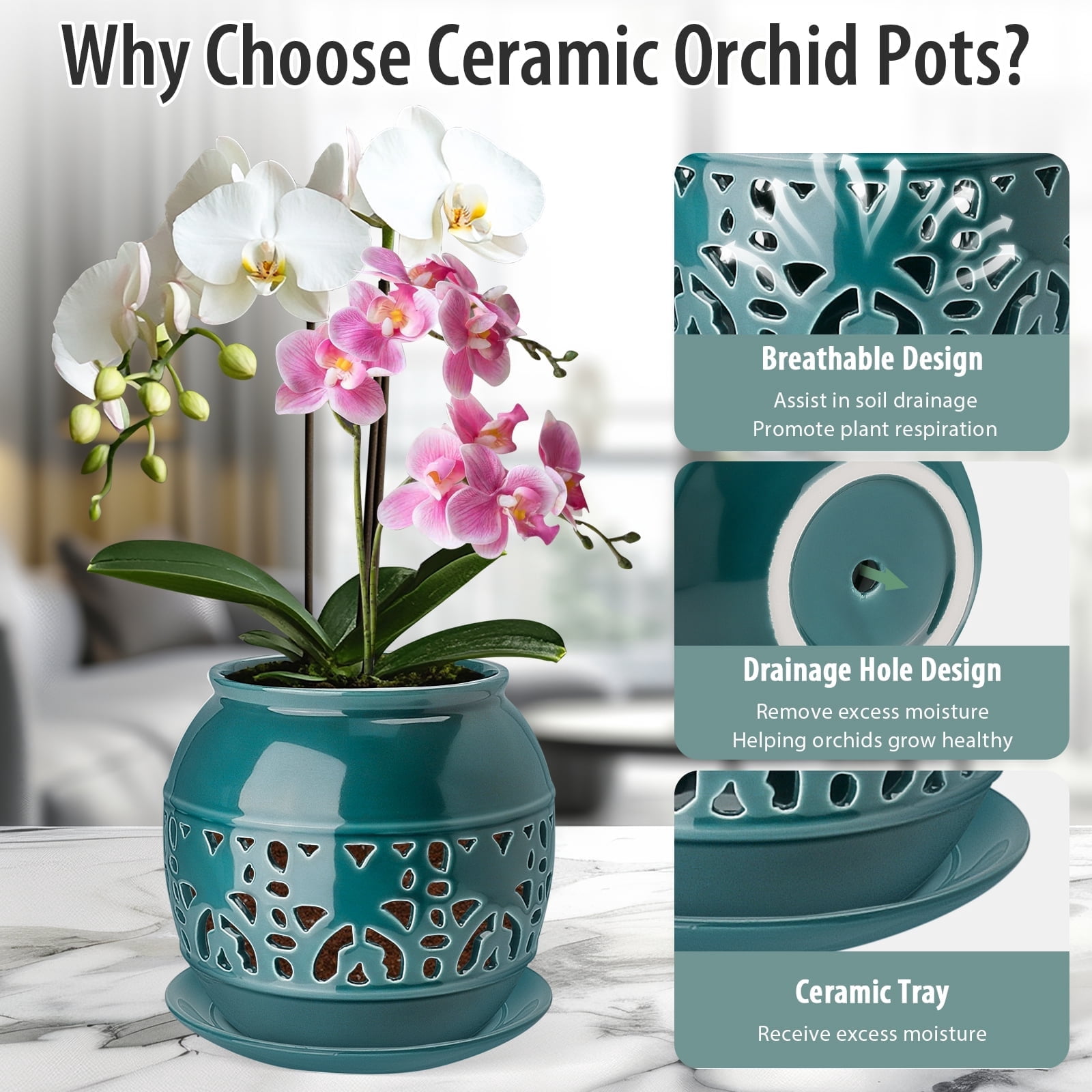 EFISPSSS 6 inch ceramic orchid pot with hole and tray -Peacock Blue