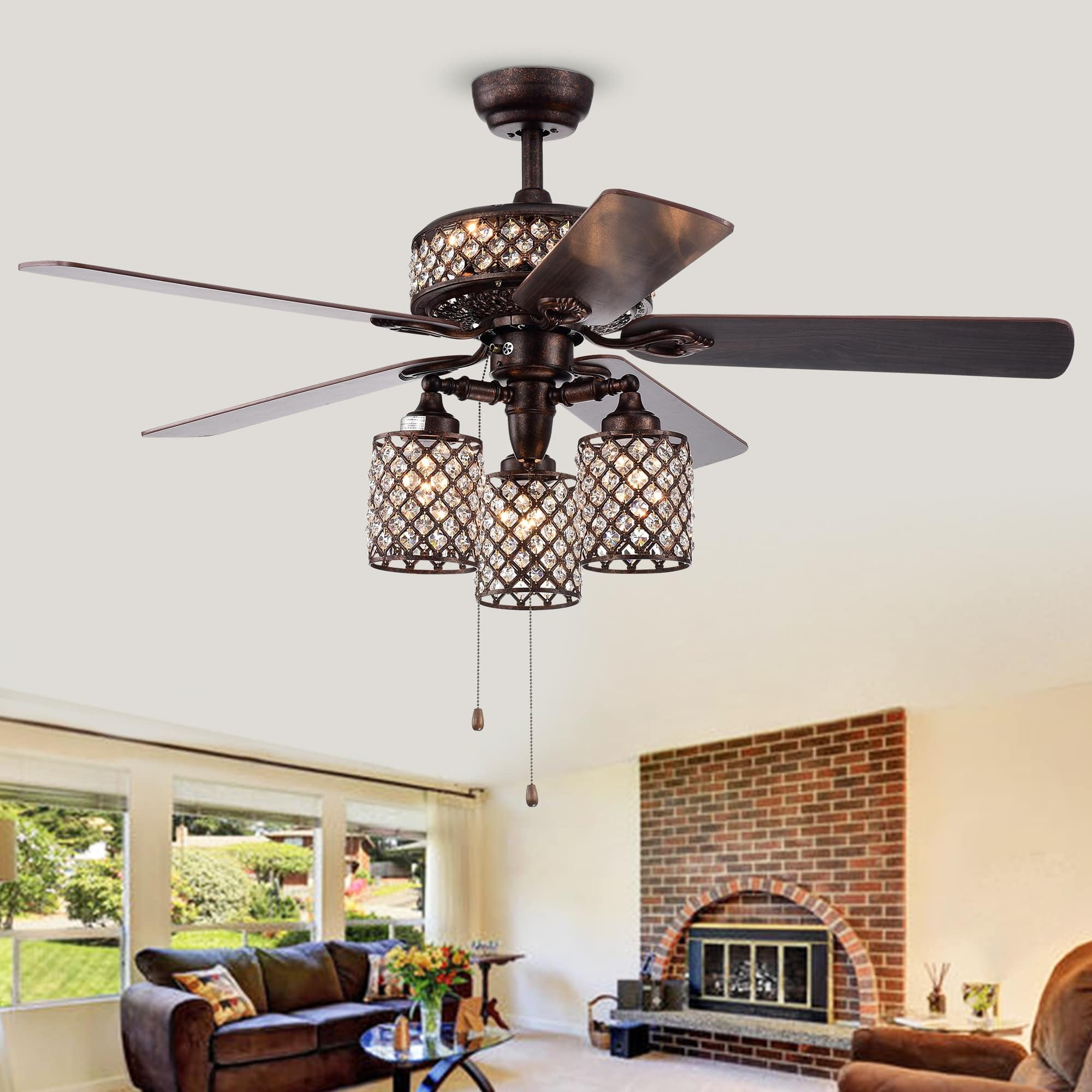 Pristil 5-Blade 52-Inch Rustic Bronze Lighted Ceiling Fans with Crystal Grid Shade
