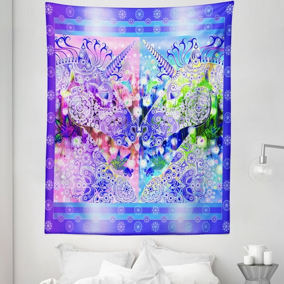 Unicorn Tapestry, 2 Myhtical Horses Facing Each Other Floral Ornament Framework Birds Spring Nature, Fabric Wall Hanging Decor for Bedroom Living Room Dorm, 5 Sizes, Multicolor, by Ambesonne