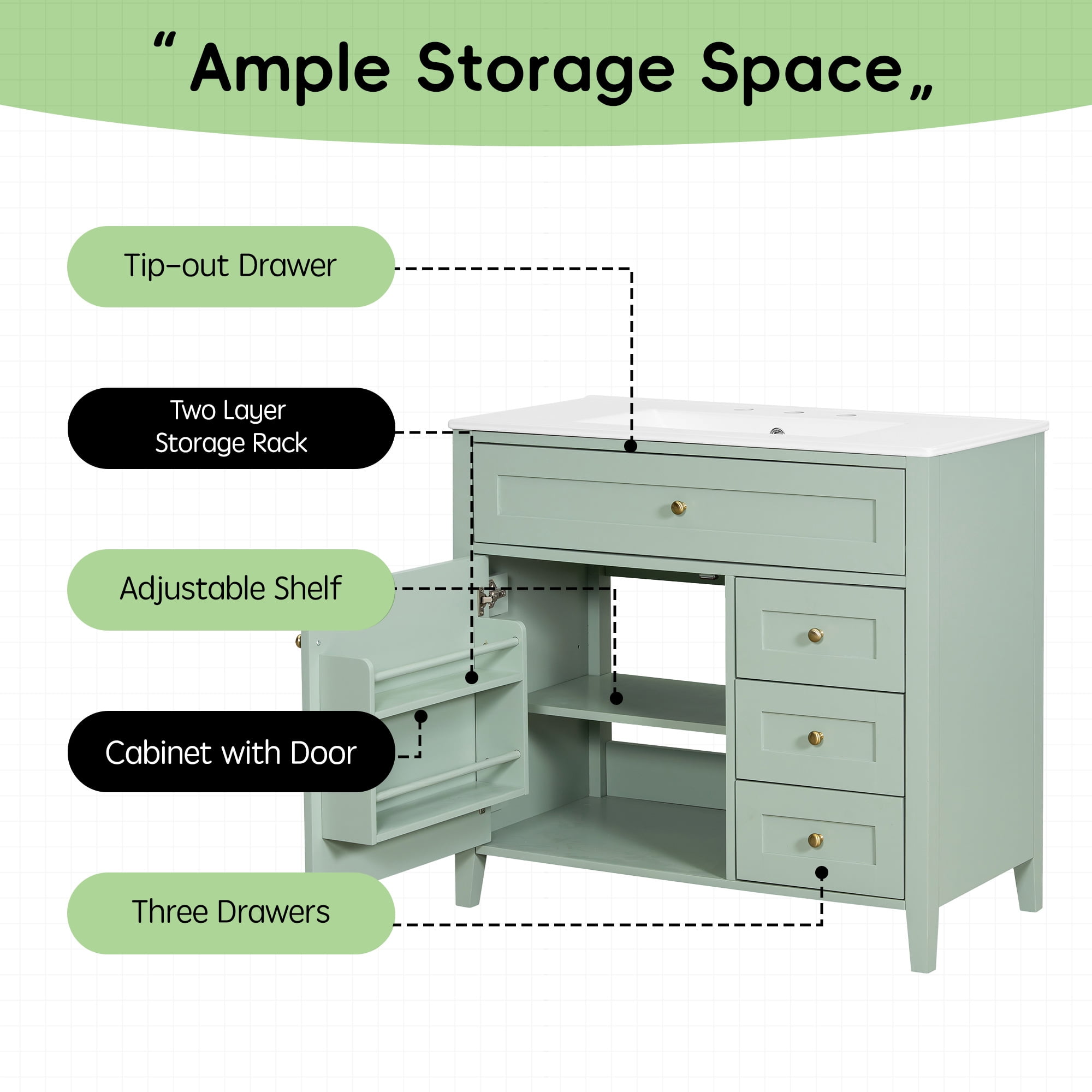 Anpport 36" Freestanding Bathroom Vanity with Sink, Modern MDF & Rubberwood Cabinet, 3 Drawers, Adjustable Shelf & Left‑Side Door, Light Green