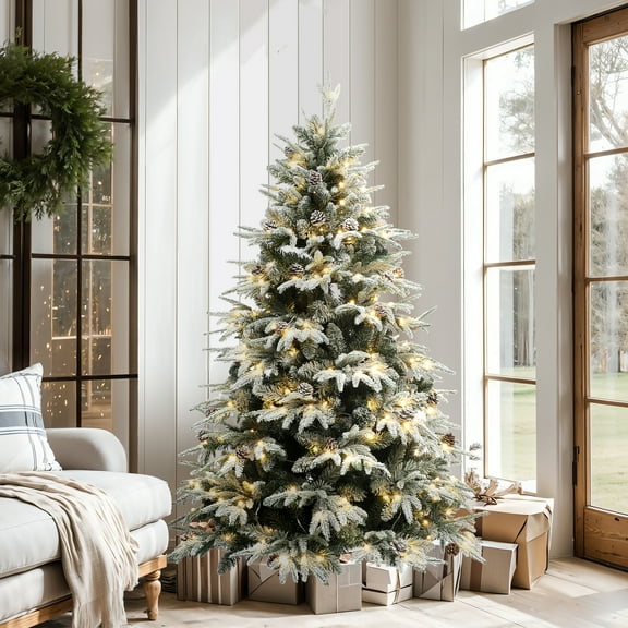LuxenHome 7Ft Pre-Lit Snowy Green Branches Artificial Christmas Tree with Metal Stand
