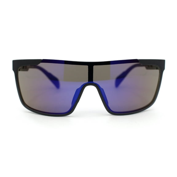 Color Mirror Rimless Y2K Mens Shield Plastic Sport Wrap Sunglasses Matte Black - Blue Mirror
