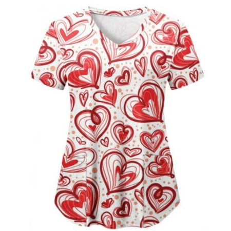 

ZIYIXIN Valentine s Day Scrubs Tops Women Nurse Working Uniforms Love Heart Print V Neck Short Sleeve Medical Scrub Shirts
