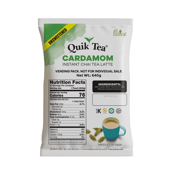 QuikTea Chai Tea Latte Powder, Cardamom Flavor, Unsweetened, Naturally Decaffeinated, Gluten Free, Kosher, Non GMO Project, 10 Count, 640g