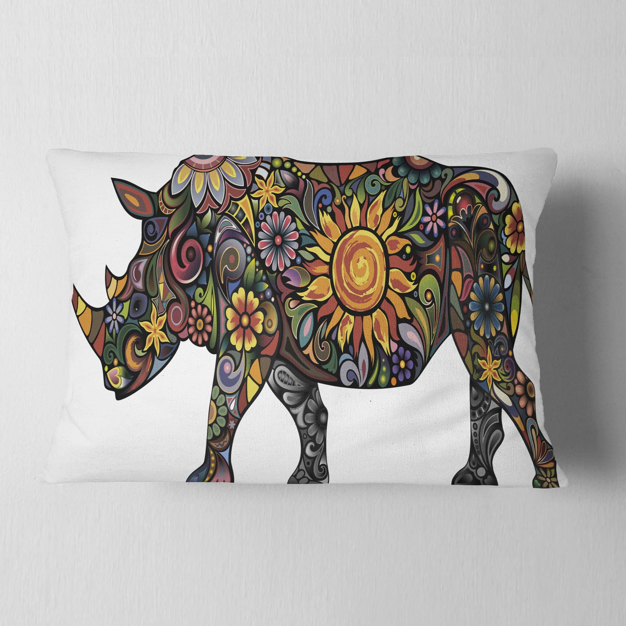 Designart Cheerful Rhinoceros on White - Animal Throw Pillow - 12x20