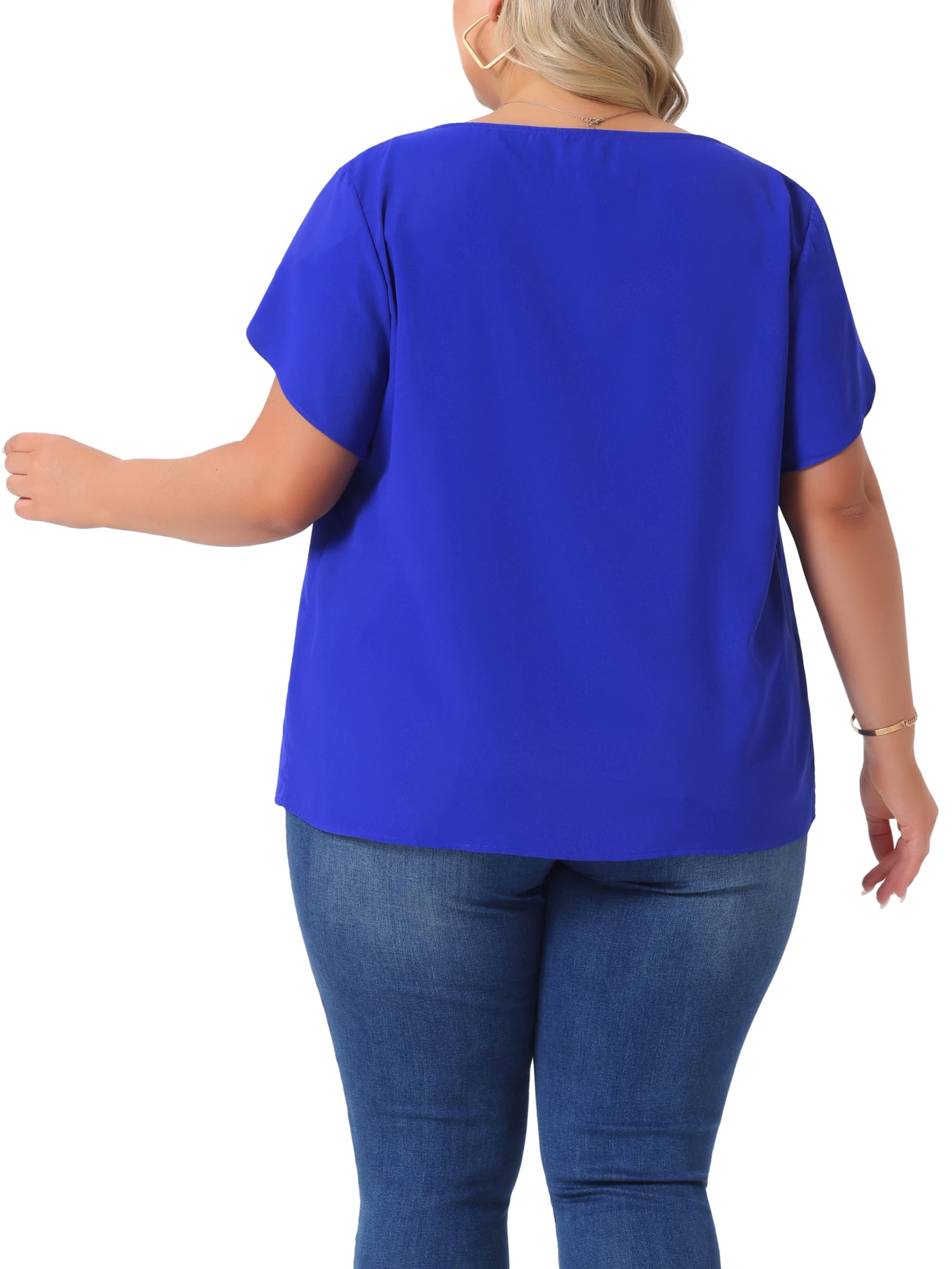 DARING DIVA Women's Plus Size Round Neck Pleated Tulip Sleeve Shirt Blouse 3X Royal Blue