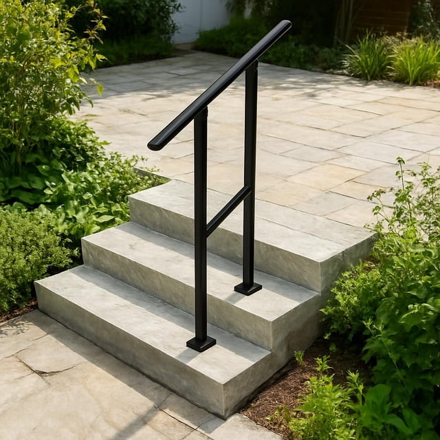 2-Step Adjustable Interior/Exterior Handrail Kit Black Metal Railing for Porch Garden and Concrete Steps Easy Installation 1 Pack