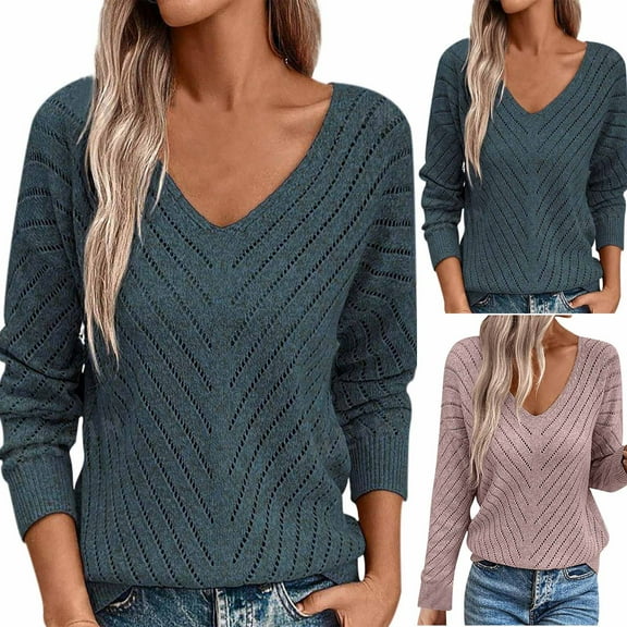 Kilaqueen Hollow Out Fall Sweaters for Women Elegant V Neck Lightweight Womens Sweaters Long Sleeve Oversized Sweaters Knitted Pullover Tops
