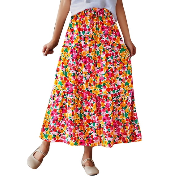 ibiyuan Boho Maxi Skirt For Women Boho Skirt for Women with Floral Print Paperbag Waist Front Tie Detail and Elegant Layered Ruffle Design
