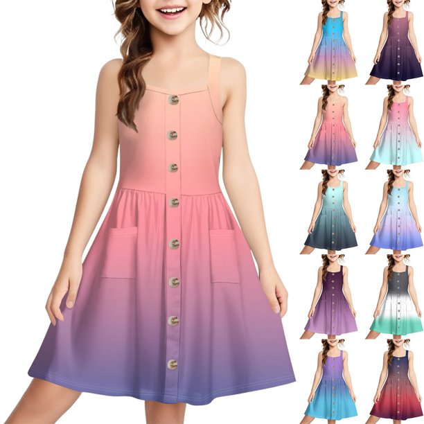 Girls Summer Dress Tween Dresses Sleeveless Gradient Sundress with Button Front and Pockets Summer Casual A-line Dress for Kids ,Sie:130